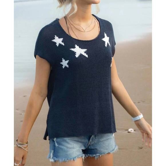 NWT WOODEN SHIPS Star Cotton Tee Sweater Knit Blue Darkest Indigo White M L - Picture 2 of 10